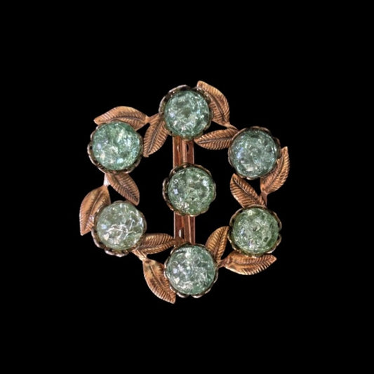 Vintage Mock Peridot Orb Gold-Toned Leaf Filigree Wreath Brooch