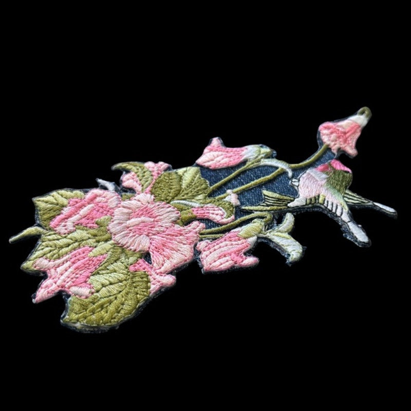 Pink & Green Hummingbird Vintage Embroidered Patch Pin