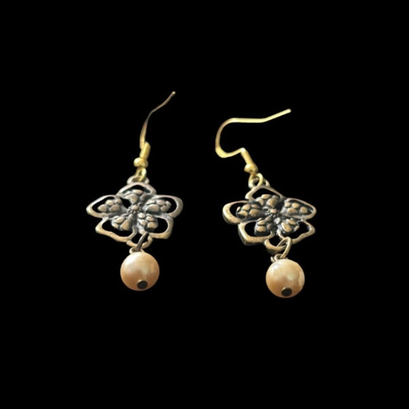 Baroque-Inspired Bronze Flower & Cream Pearl Drop Earrings