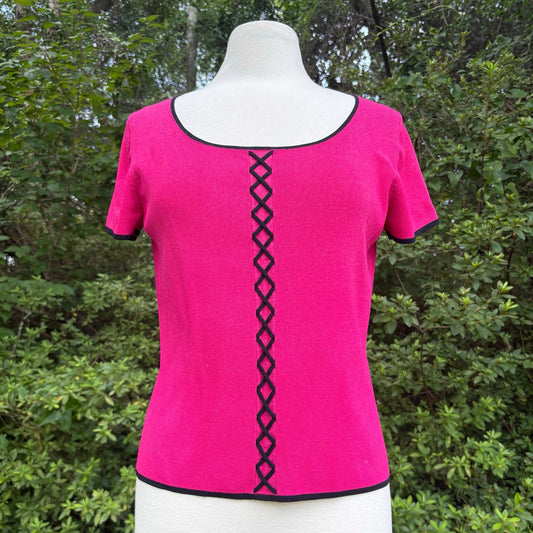 Vintage Hot Pink and Black Corset  Style Short Sleeve Ribbed Knit Top (M)