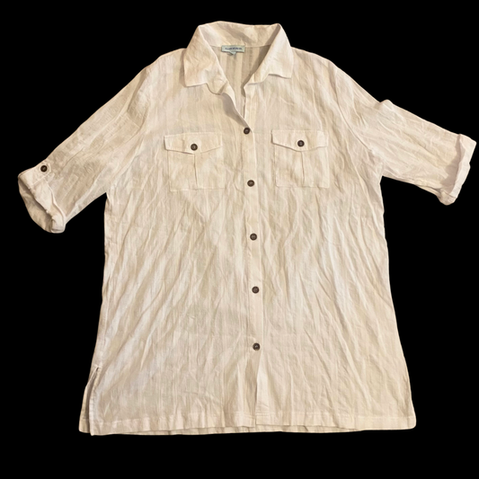 100% Cotton White Woven Striped Button Down 3/4 Length Sleeve Shirt Dress (2X)