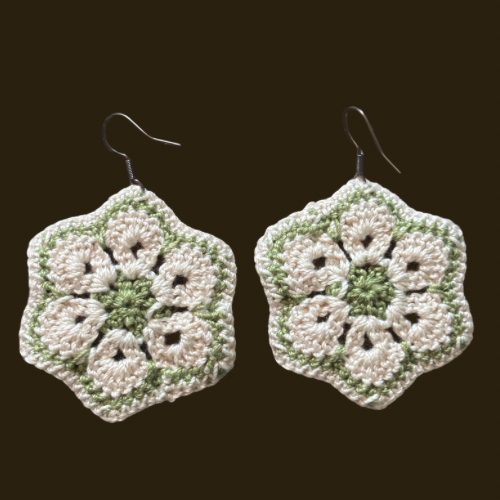 Cream & Sage Green Micro-crocheted Cotton Flower Earrings