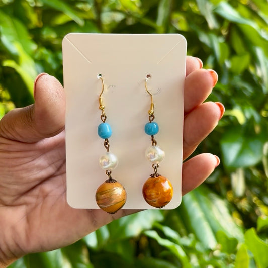 Baroque-inspired Gold/Orange, Faux Pearl & Turquoise Beaded Drop Earrings
