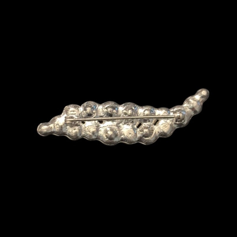 Vintage Clear Rhinestone Studded Silver Toned Leaf Brooch