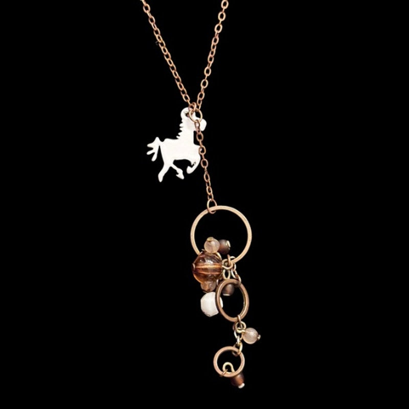 Vintage White Horse & Bronze Beaded  Bauble Bronze-toned Layered Drop Pendant Choker Necklace
