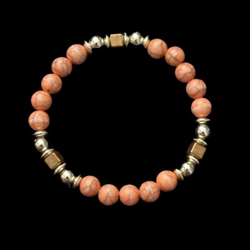 Vintage Costume Pink Marble, Brass, & Silver Bead Stretch Bracelet