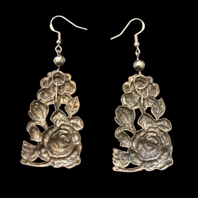 OOAK Antiqued Silver Roses Drop Earrings | Upcycled Vintage