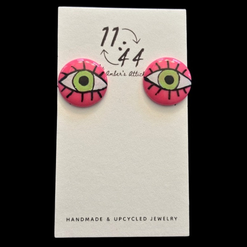 Handpainted Vintage Hot Pink Green Eyed Monster Stud Earrings