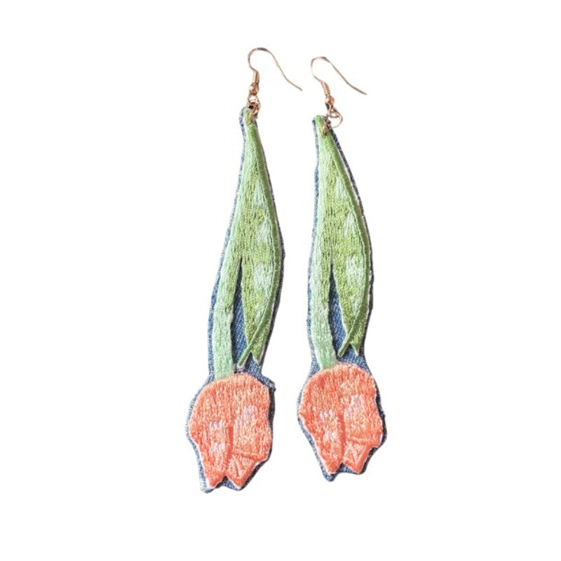 Upcycled Vintage Pastel Orange Tulip Embroidered Patch + Denim Earrings (Upside Down)