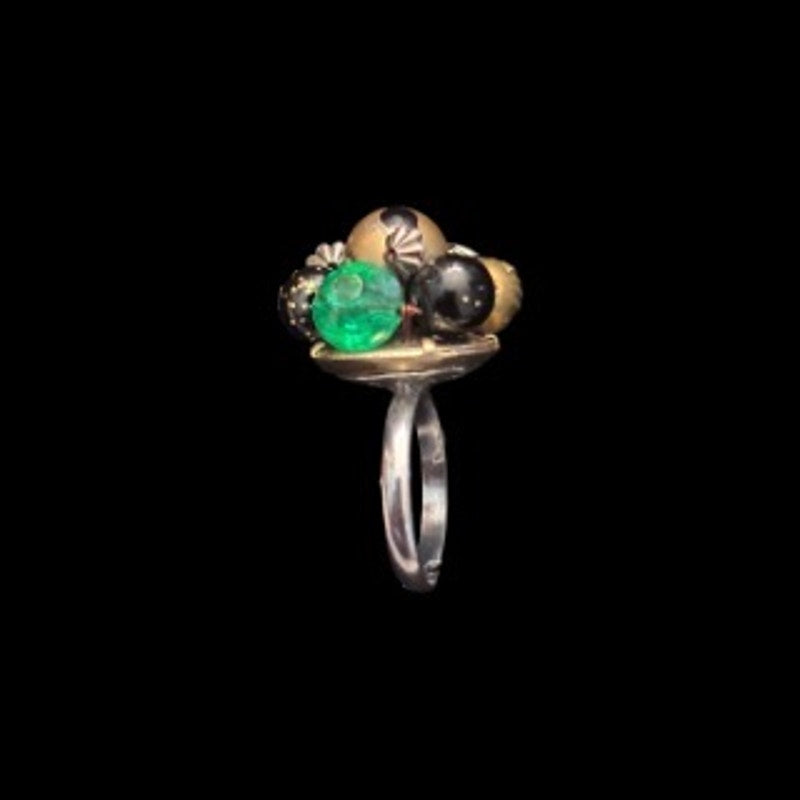 Black, Gold, and Green Beaded Flower Upcycled Vintage Earring Ring (6.5-8)