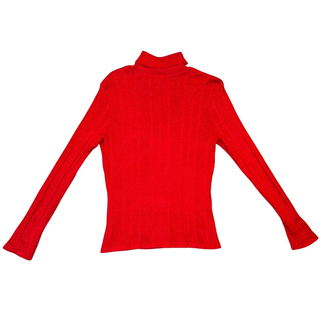 Vintage Red Stretchy Sparkly Ribbed Knit Turtleneck Long Sleeve Shirt