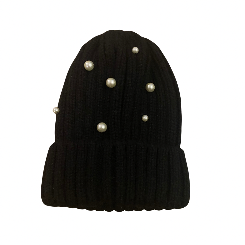 🔔 Upcycled Pearl-Studded Black Knit Beanie