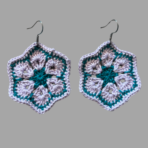 Lavender Purple & Teal Micro-crocheted Cotton Flower Earrings