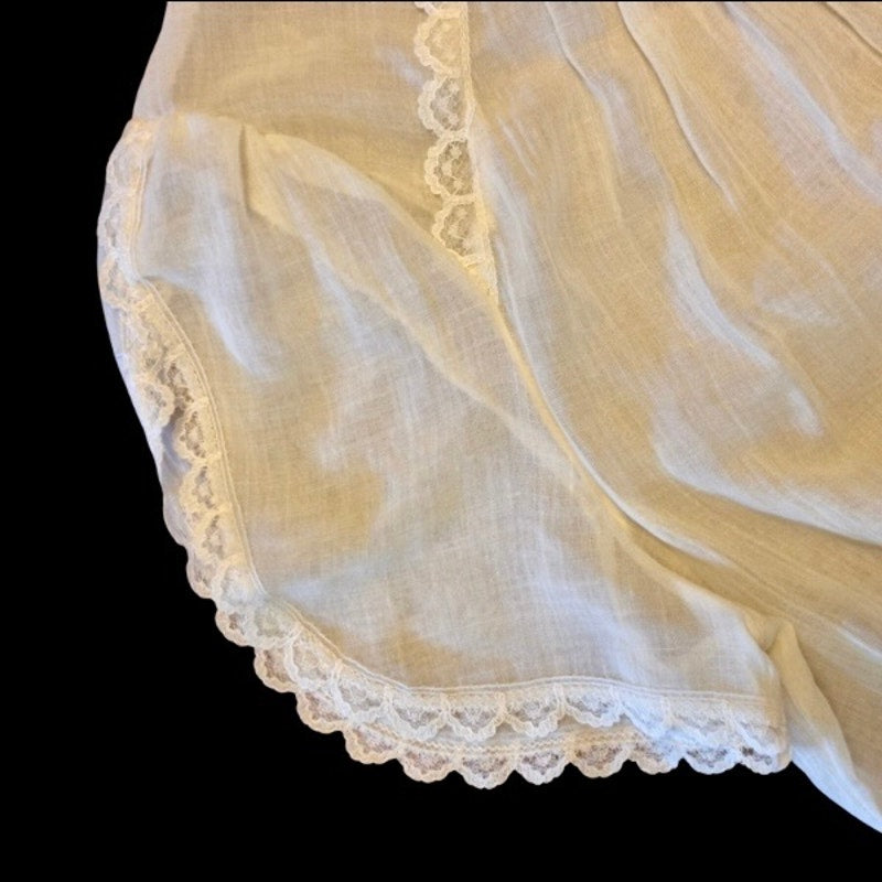 Vintage Sheer Pastel Yellow Floral Embroidered Lace Collar Short Sleeve Blouse (S-M)