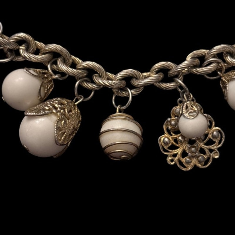 Vintage White & Silver Bauble Filigree Charm Chain Bracelet