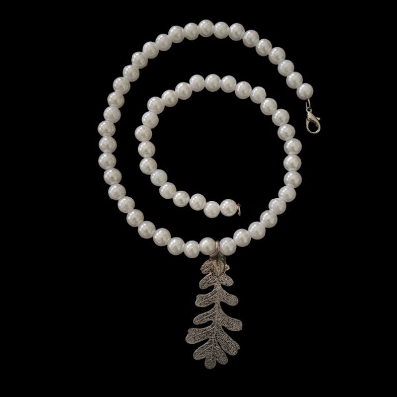 Vintage Silver Leaf Pendant Pearl Choker Necklace | Handmade with Secondhand Materials
