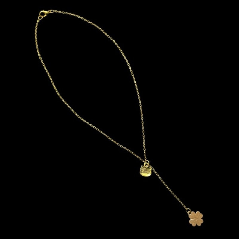 Gold Hello Kitty & Red Four Leaf Clover Charm Layered Drop Pendant Necklace