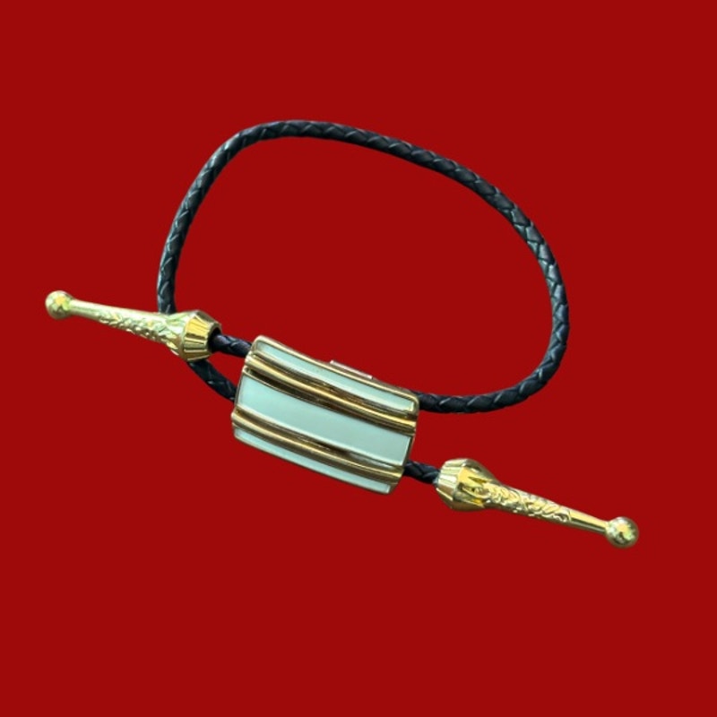 Upcycled Vintage Art Deco White, Gold, and Black Rectangle Bar Bolo Bracelet