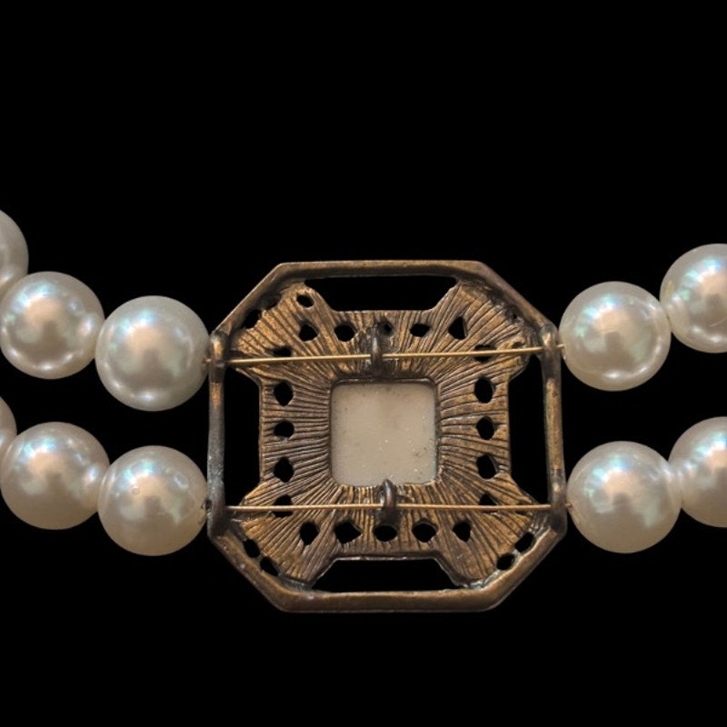 Double Strand Pearl Necklace with Square Vintage Costume Jade & Amber Rhinestone Studded Bronze Pendant