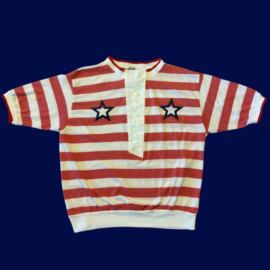 Vintage Navy Star Patch Red and White Rugby Striped Quarter Sleeve Ribbed Hem Button Down Shirt (M)