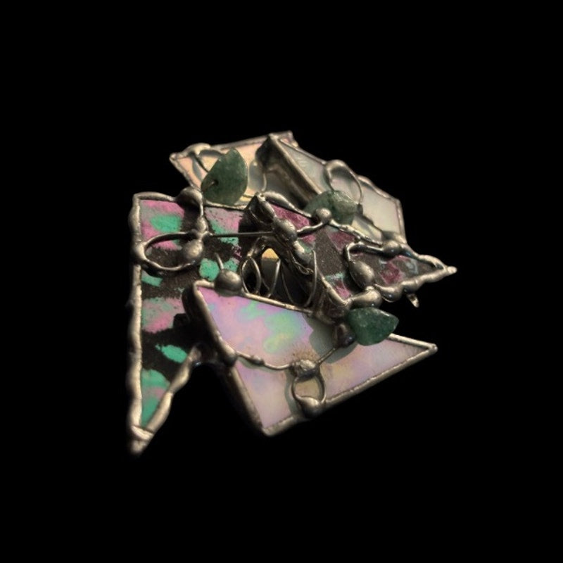 Vintage Abstract Art Deco Green/ White/ Black Stained Glass Mother of Pearl Spiral Coil Crystal Chip Silver Brooch