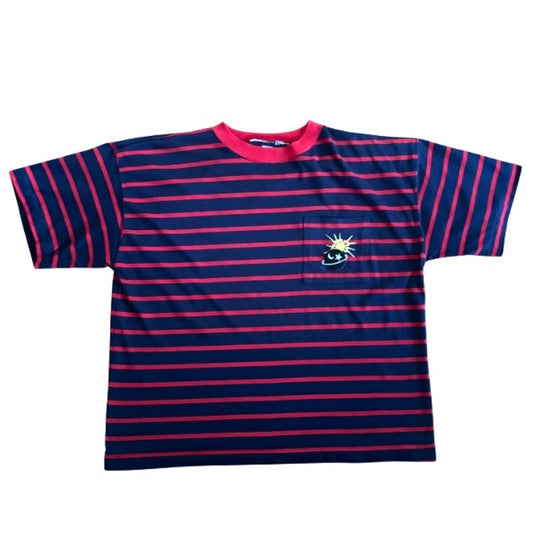 Vintage Sun and Moon Patch Blue/Green Striped 3/4 Sleeve Cotton V-Neck Top (L-XL)