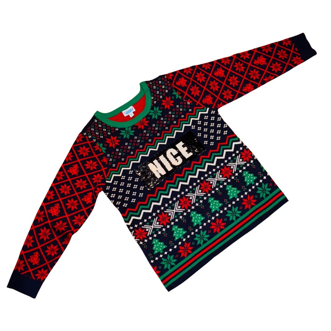 Rockin Around Nice/Naughty Sequin Message Board Unisex Ugly Christmas Sweater (L)