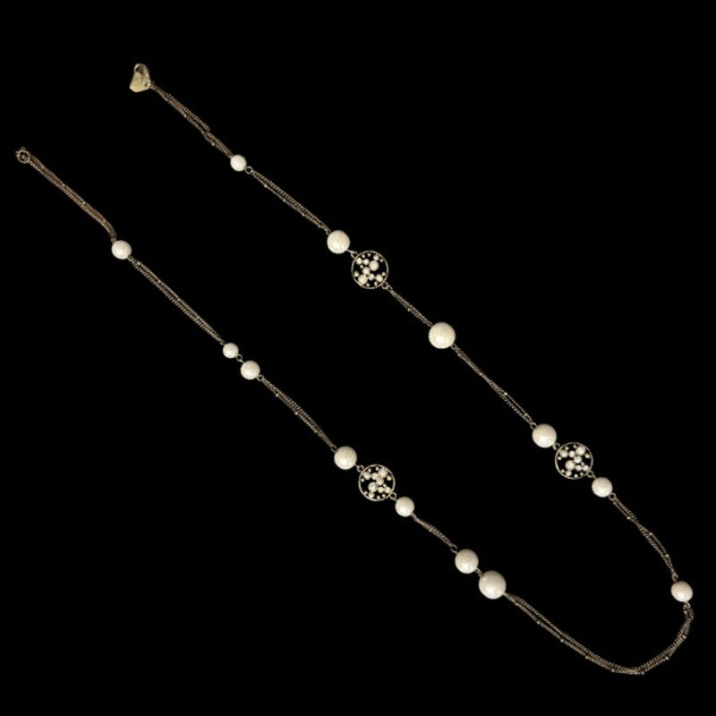 Vintage Bronze-tone Costume Pearl Bead & Rhinestone Studded Chain Necklace/ Belt (35”)