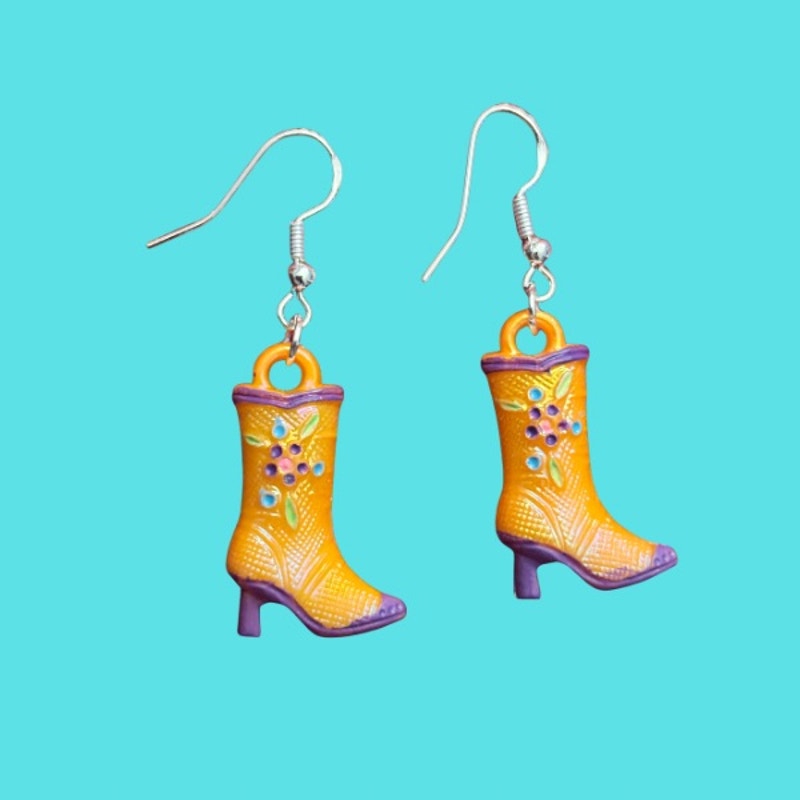 Orange/Purple Handpainted Y2K Floral Cowgirl Boot Charm Earrings