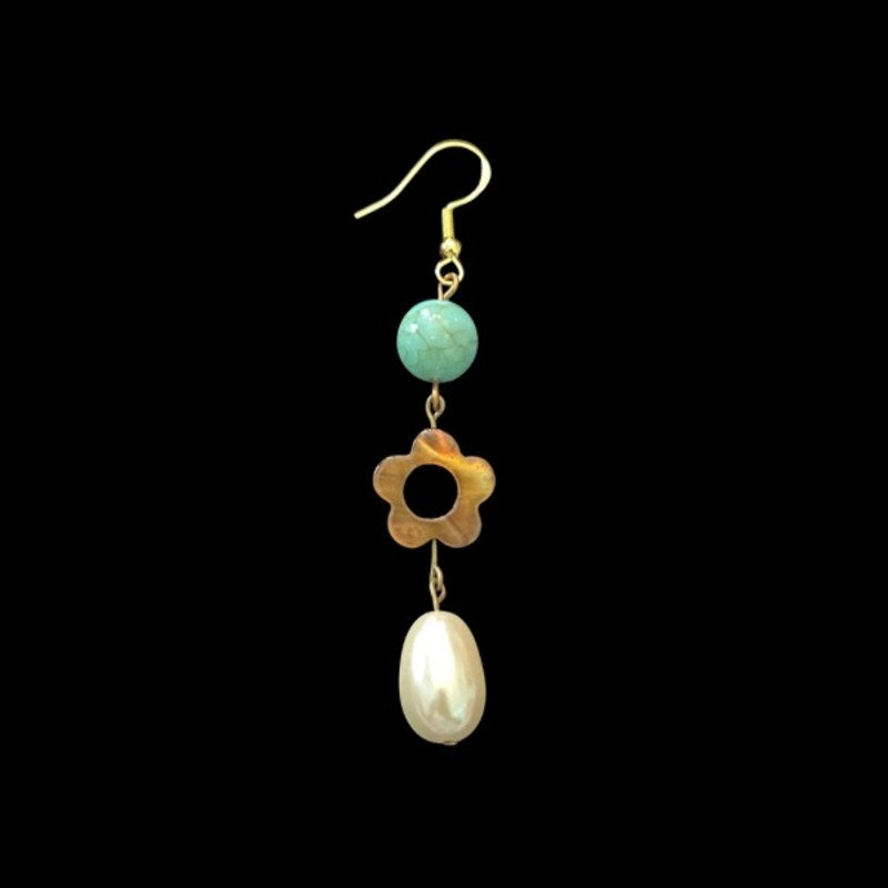Baroque-Inspired Turquoise, Brown Shell Flower, & Costume Pearl Beaded Drop Earrings