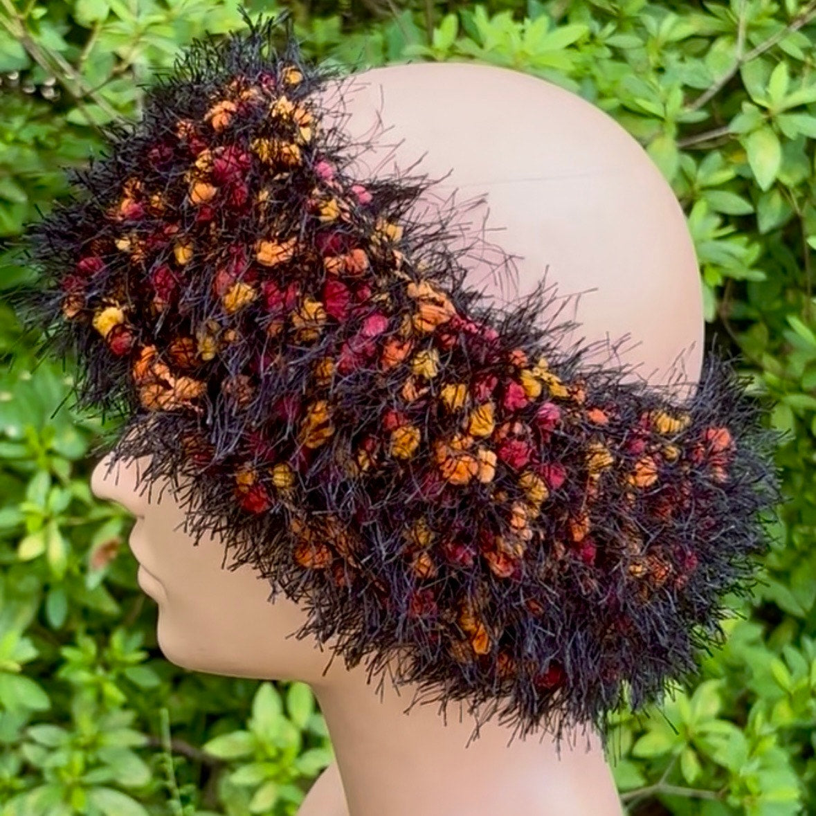 Hand-knit Fuzzy Orange, Red & Black Headband/ Ear Warmer (S/M)