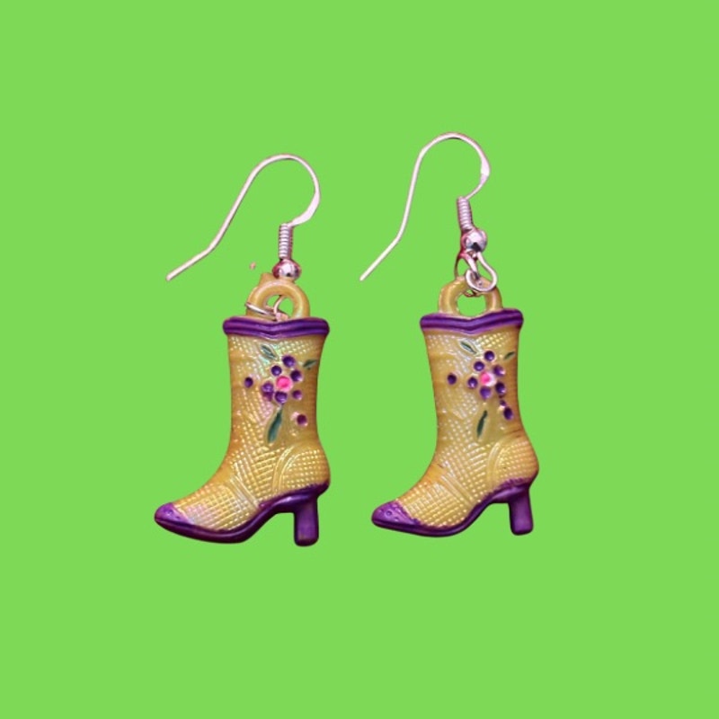 Yellow/Purple Handpainted Y2K Floral Cowgirl Boot Charm Earrings