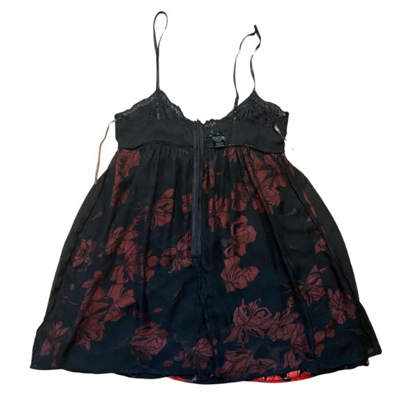 90’s Lacey Bust Black and Red Floral Babydoll Spaghetti Strap Dress  (M)