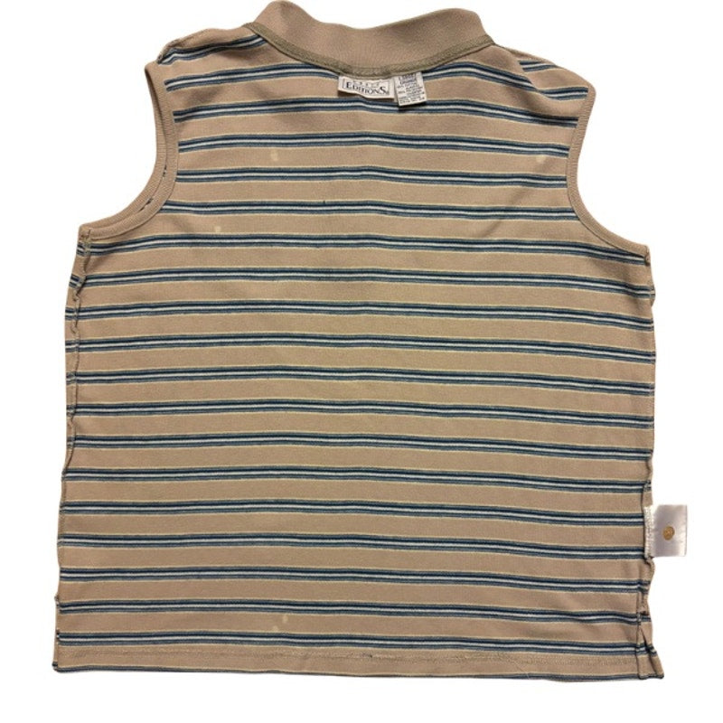 Vintage Embroidered Daisy Patch Striped Sand/Blue Cotton Quarter Button Down Sleeveless Shirt (Large)