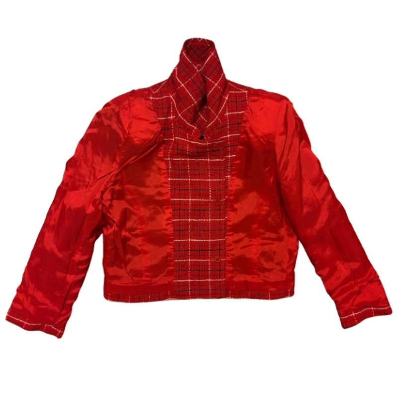 Vintage Red White and Blue Plaid Wool Blend Tweed Cropped Jacket (S/M)