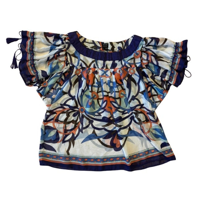 Sheer Orange/ Purple/ White Floral Print Short Sleeve Peasant Babydoll Top (L)
