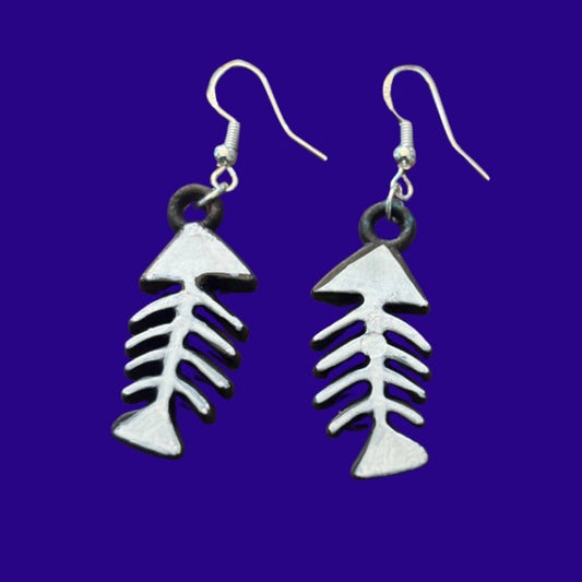 Black and White Handpainted Y2K Fish Skeleton Charm Earrings