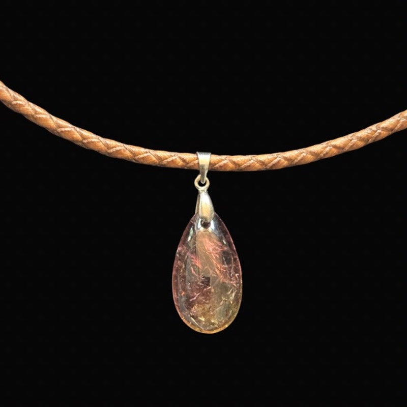 Faux Ametrine Teardrop Pendant Leather Cord Choker Necklace