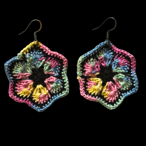 Rainbow & Black Micro-crocheted Cotton Flower Earrings