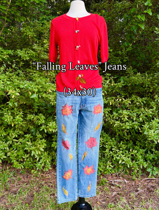 “Falling Leaves” Upcycled Slim Fit Light Wash Jeans (34 x 30)