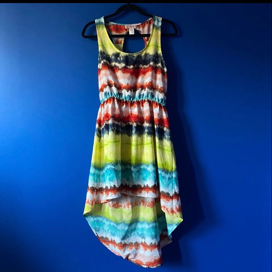 Hi-Low Lime Green/Turquoise/Orange Watercolor Striped Dress (M)