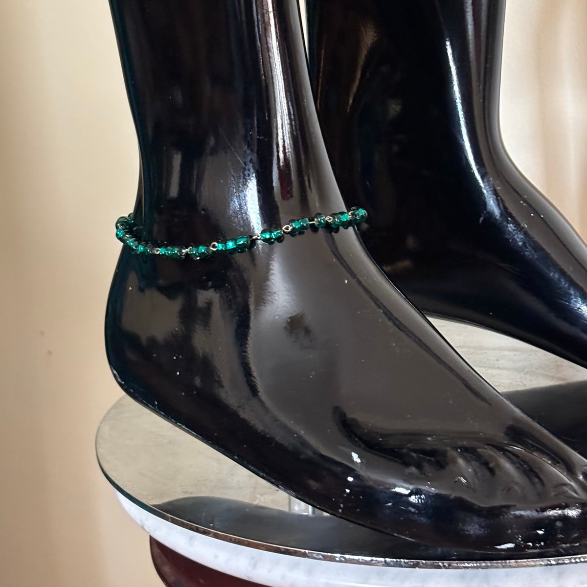 Teal Green Glass Beaded Chain Anklet (XL)