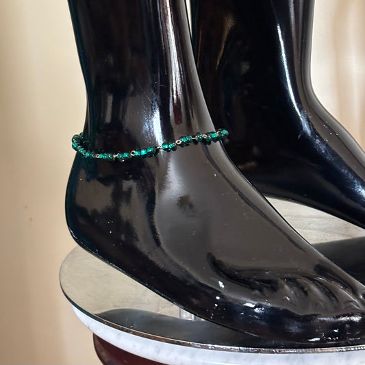 Teal Green Glass Beaded Chain Anklet (XL)