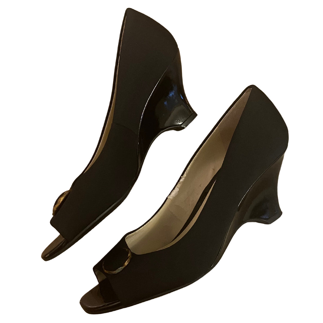 Upcycled Vintage Black/Gold  Velvet Button Peep-Toe Kitten Heels (8)