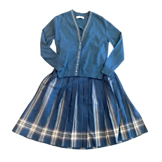 🔔 *RARE VINTAGE* 1970’s Cerulean Blue, White, Coral Plaid Vintage Wool Cardigan & Pleated Skirt Set (M)