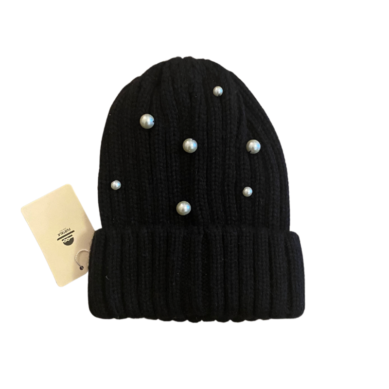 🔔 Upcycled Pearl-Studded Black Knit Beanie