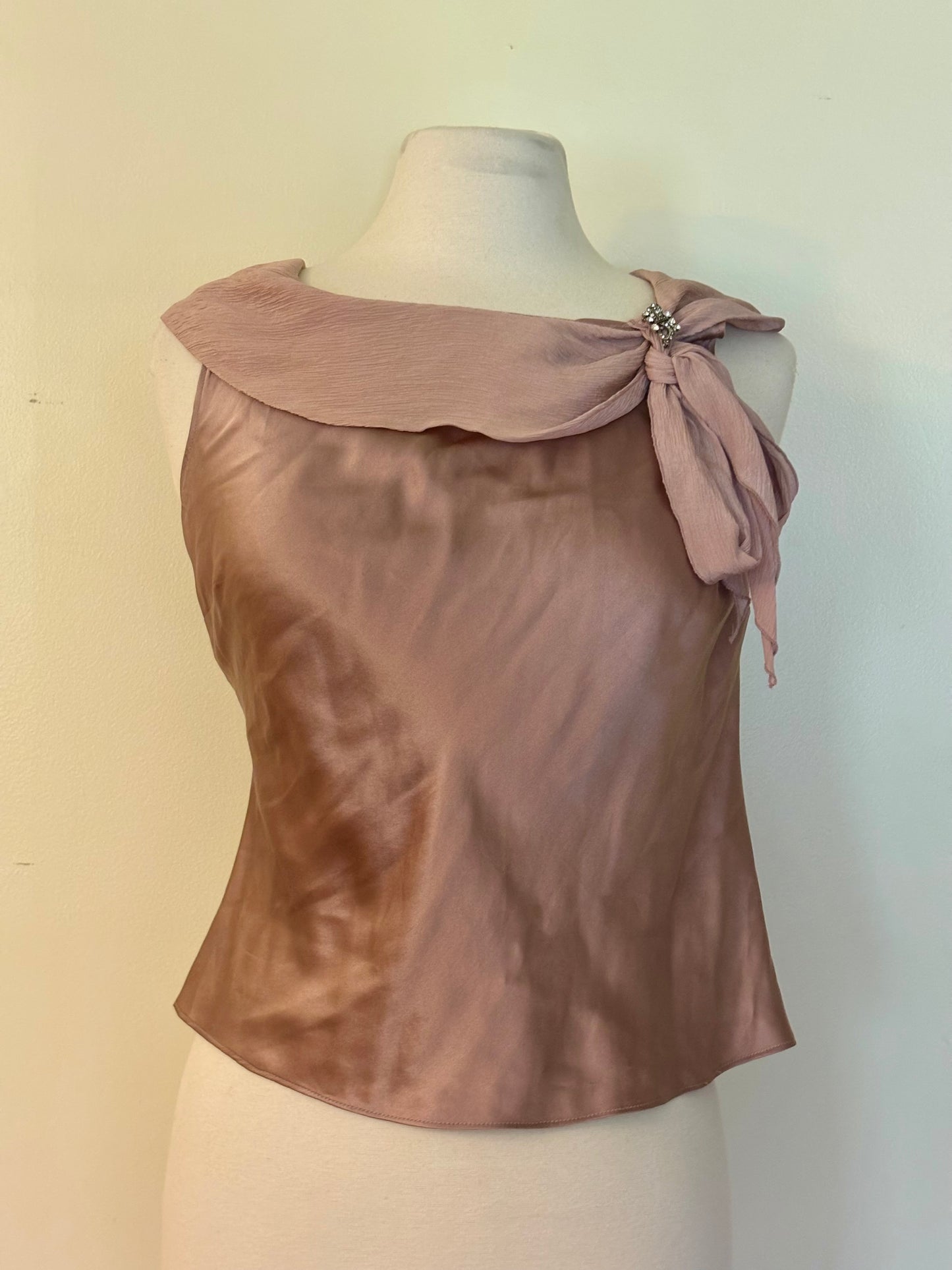 Mauve Pink 100% Silk Sleeveless Blouse with Silver Rhinestone Brooch (6P)