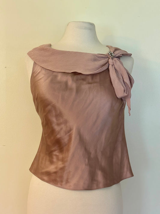 Mauve Pink 100% Silk Sleeveless Blouse with Silver Rhinestone Brooch (6P)