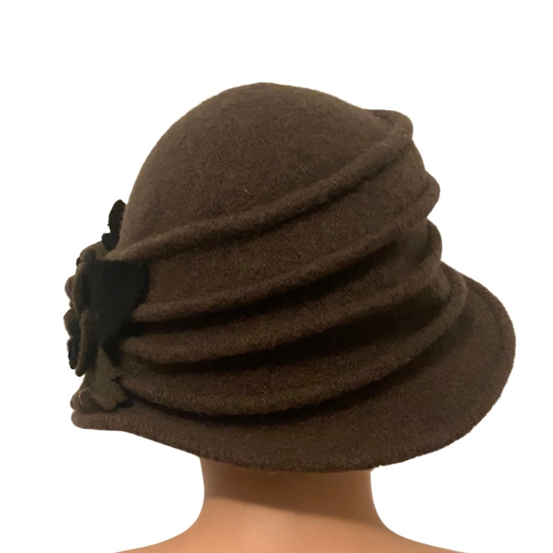 🔔 1920’s Style Wool Army Green/Black Flower Cloche Hat (57 cm)