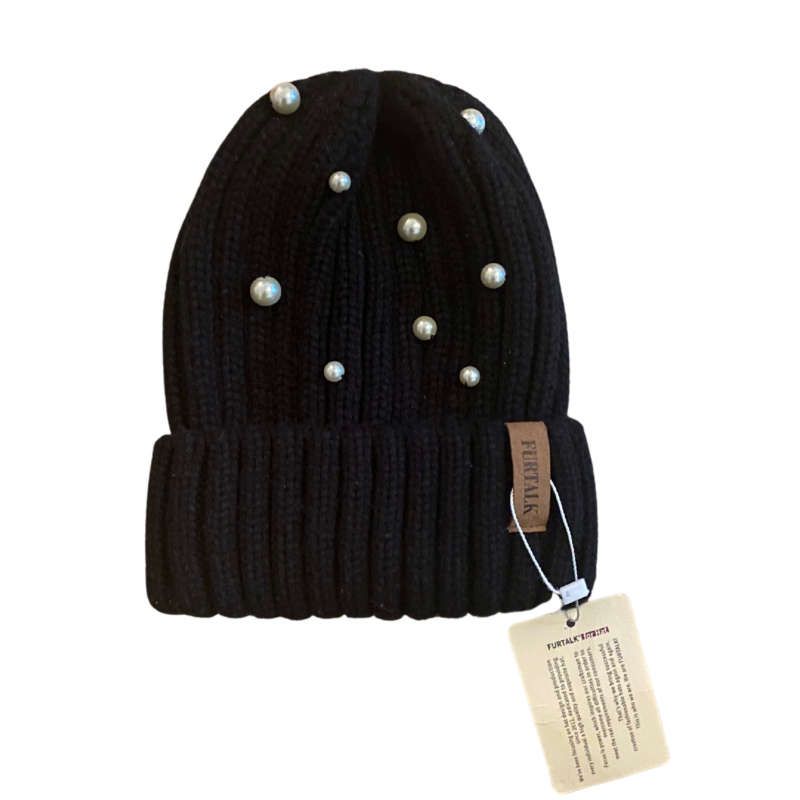 🔔 Upcycled Pearl-Studded Black Knit Beanie